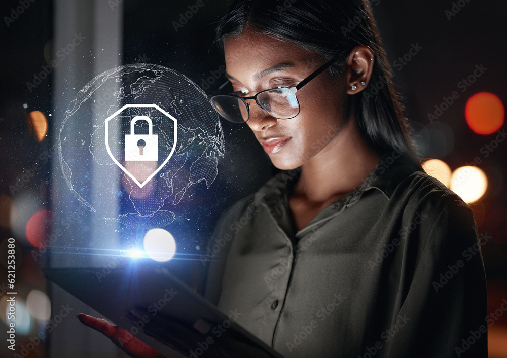 © Malambo C/peopleimages.com - Tablet, global security and woman in hologram for data safety, software password and worldwide database. Cybersecurity, overlay and business person with digital technology, lock icon and night bokeh © Malambo C/peopleimages.com - Tablet, global security and woman in hologram for data safety, software password and worldwide database. Cybersecurity, overlay and business person with digital technology, lock icon and night bokeh