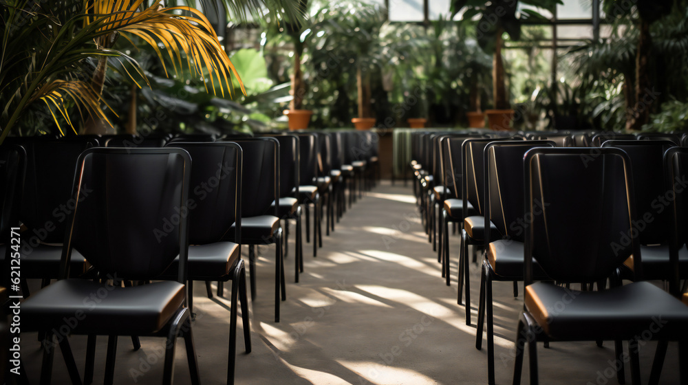 Funeral Service Hall with Chairs, plants, inside Funeral Service Hall with Chairs, plants, inside