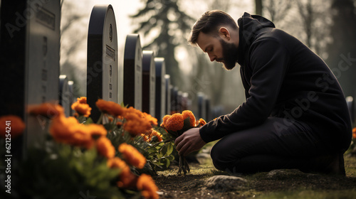 Man putting orange Flowers on Tombstone, griefing, sad