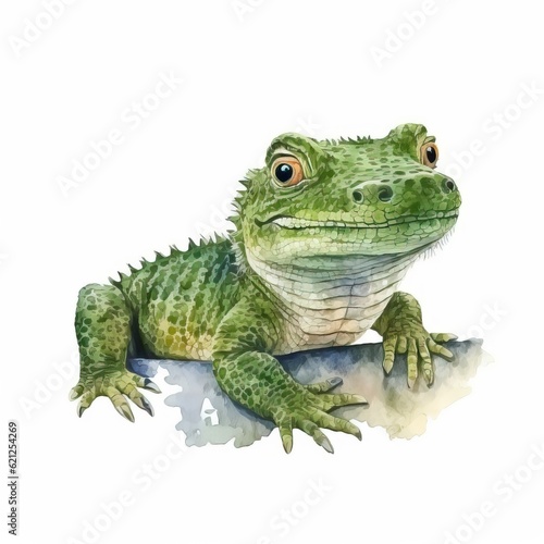 A watercolor drawing of a green lizard created with Generative AI technology