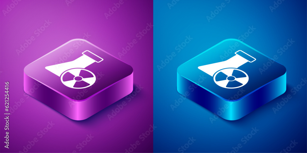 Isometric Laboratory chemical beaker with toxic liquid icon isolated on blue and purple background. Biohazard symbol. Dangerous symbol with radiation icon. Square button. Vector Isometric Laboratory chemical beaker with toxic liquid icon isolated on blue and purple background. Biohazard symbol. Dangerous symbol with radiation icon. Square button. Vector