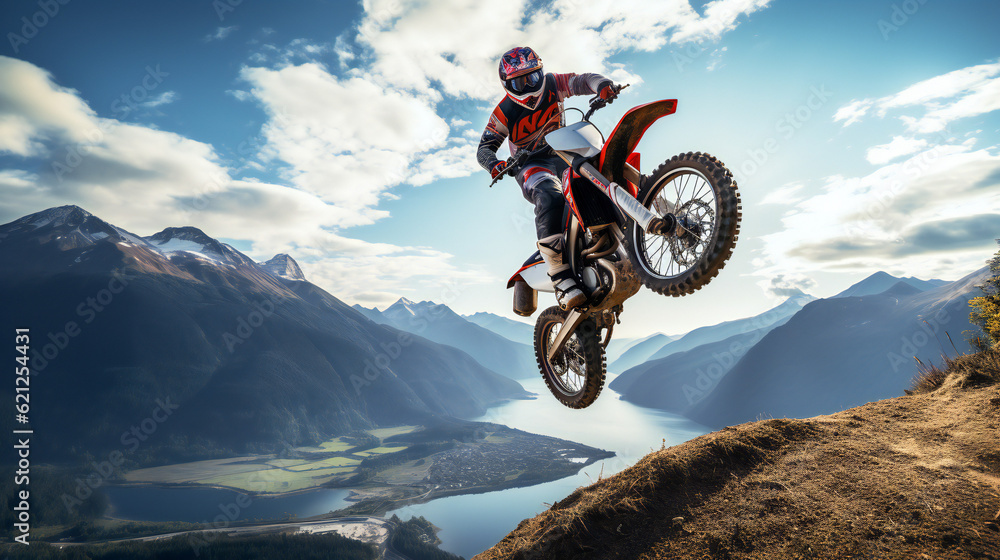 Obraz premium Cross Motor MotorBike jumping, biker in the sky