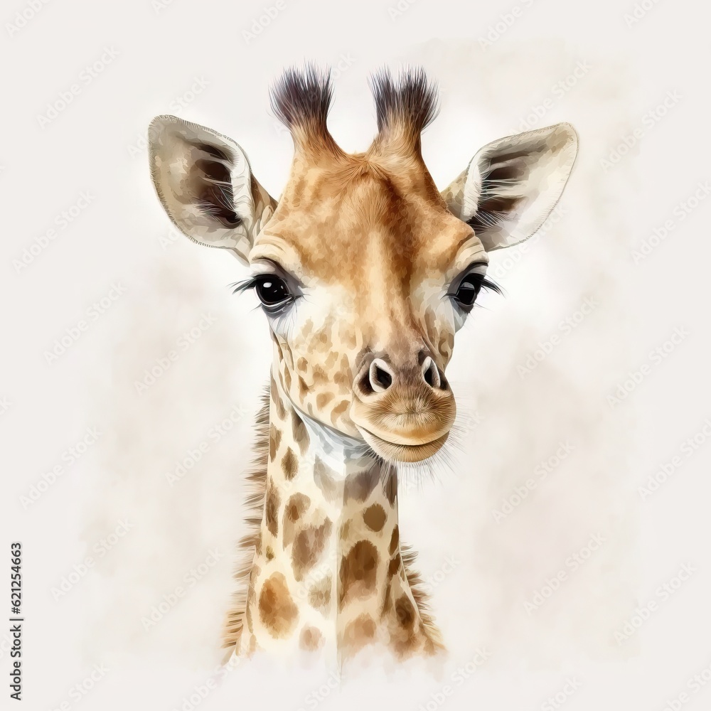 A close up of a giraffe's face with a white background created with Generative AI technology