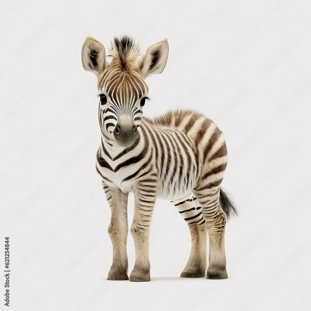Fototapeta premium A baby zebra standing on a white surface created with Generative AI technology