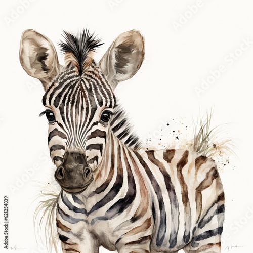 A watercolor painting of a zebra looking at the camera created with Generative AI technology