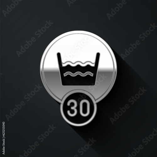 Silver Washing under 30 degrees celsius icon isolated on black background. Temperature wash. Long shadow style. Vector