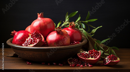 An artistic composition of pomegranates arranged in a bowl  capturing their rich color and texture Generative AI