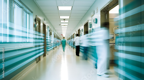Busy hospital corridor blurred doctors. Motion Blur Shot Of Medical Staff Wearing Scrubs In Busy Hospital Corridor