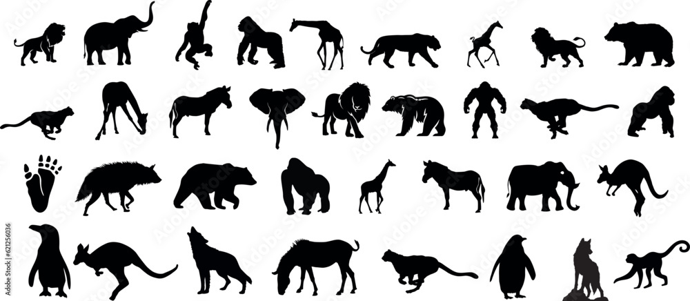 Animal Silhouette or Logo Collection isolated on white background. Lion, Elephant, Tiger, Giraffe, Cheetah, Bear, Gorilla, Zebra, Kangaroo, Penguin, Wolf. Fully customizable vector illustrations Animal Silhouette or Logo Collection isolated on white background. Lion, Elephant, Tiger, Giraffe, Cheetah, Bear, Gorilla, Zebra, Kangaroo, Penguin, Wolf. Fully customizable vector illustrations