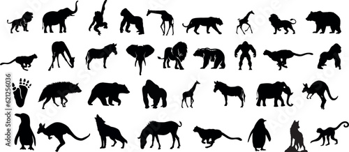 Animal Silhouette or Logo Collection isolated on white background. Lion, Elephant, Tiger, Giraffe, Cheetah, Bear, Gorilla, Zebra, Kangaroo, Penguin, Wolf. Fully customizable vector illustrations