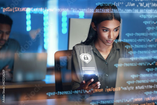 Photos Laptop, phone and hologram of woman for data protection, safety software development or cybersecurity programming