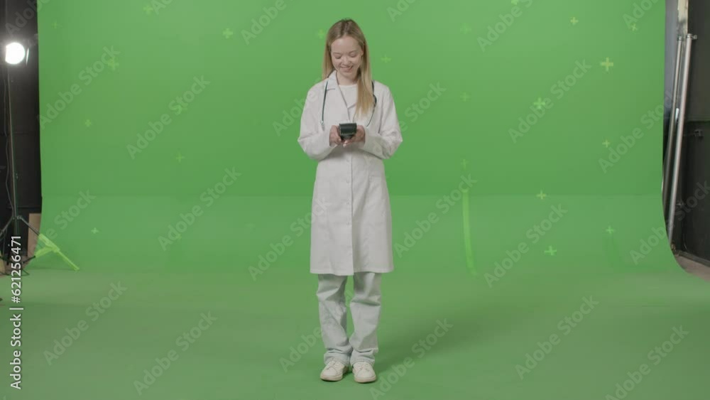Horizontal shot on a green screen background. VR or AR online consultation with a doctor. A smiling nurse in a white coat with a payment terminal calculates the cost of an online consultation. Horizontal shot on a green screen background. VR or AR online consultation with a doctor. A smiling nurse in a white coat with a payment terminal calculates the cost of an online consultation.