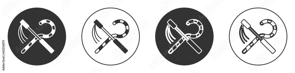 Black Crook and flail icon isolated on white background. Ancient Egypt symbol. Scepters of egypt. Circle button. Vector Black Crook and flail icon isolated on white background. Ancient Egypt symbol. Scepters of egypt. Circle button. Vector