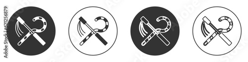 Black Crook and flail icon isolated on white background. Ancient Egypt symbol. Scepters of egypt. Circle button. Vector