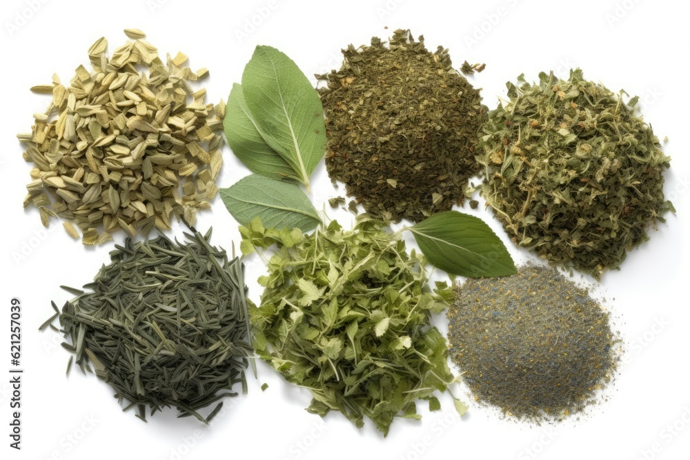 Fototapeta premium various fresh herbs arranged on a white background. Generative AI