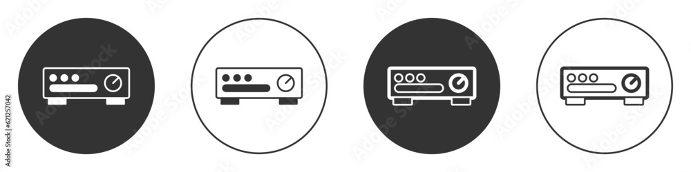 Black Sound mixer controller icon isolated on white background. Dj equipment slider buttons. Mixing console. Circle button. Vector Black Sound mixer controller icon isolated on white background. Dj equipment slider buttons. Mixing console. Circle button. Vector