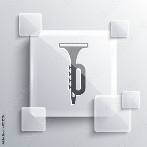 Grey Trumpet icon isolated on grey background. Musical instrument. Square glass panels. Vector