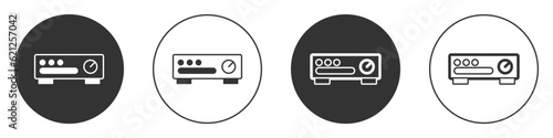 Black Sound mixer controller icon isolated on white background. Dj equipment slider buttons. Mixing console. Circle button. Vector