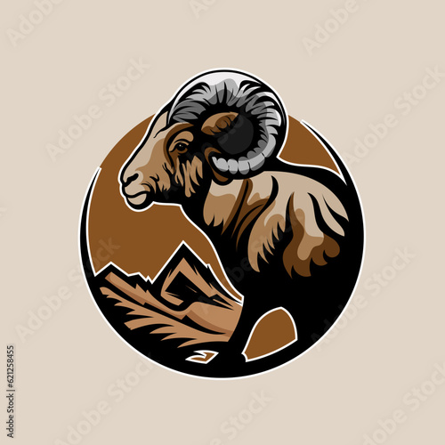 Powerful mountain goat animal mascot, sport team or league club wild animal vector emblem. Mountain goat animal mascot red head with horns for soccer football, basketball or baseball sport team emblem