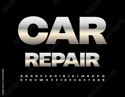 Vector metallic Signboard Car Repair. Modern Steel Font. Chrome Alphabet Letters, Numbers and Symbols