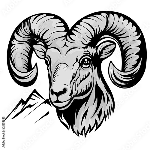 goat illustration tattoos concept prints designs. Horned goat head styles black on white.