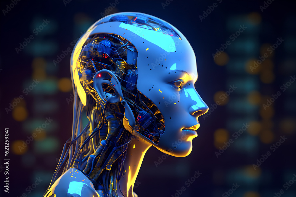 Side view of a female humanoid artificial intelligence robot. futuristic technology and artificial intelligence robot with black background. Side view of a female humanoid artificial intelligence robot. futuristic technology and artificial intelligence robot with black background.