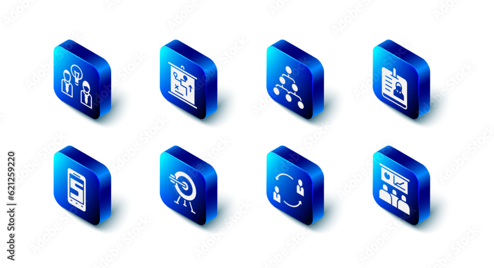 Set Planning strategy concept, Hierarchy organogram chart, Identification badge, Training, presentation, Human resources, Target with arrow, Chat messages phone and People lamp bulb icon. Vector Set Planning strategy concept, Hierarchy organogram chart, Identification badge, Training, presentation, Human resources, Target with arrow, Chat messages phone and People lamp bulb icon. Vector