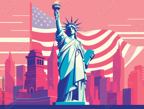 Flat Illustration background of Status of liberty with american flag, vector art, patriotism, US independence