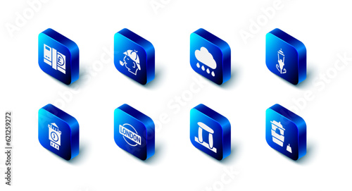 Set Sherlock Holmes, Cloud with rain, Vintage street light, Coffee cup to go, Stonehenge, London sign, Big Ben tower and Pound sterling money icon. Vector