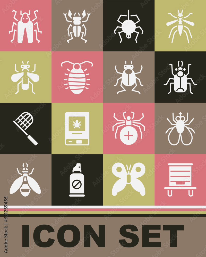 Set Hive for bees, Insect fly, Beetle bug, Spider, Larva insect, and icon. Vector Set Hive for bees, Insect fly, Beetle bug, Spider, Larva insect, and icon. Vector