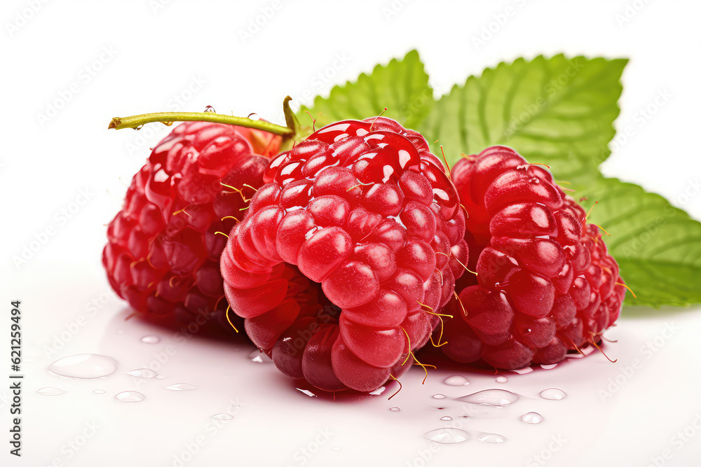 Raspberry isolated. Three red raspberries with green leaf isolate. Raspberry with leaves isolated on white. (ai generated) Raspberry isolated. Three red raspberries with green leaf isolate. Raspberry with leaves isolated on white. (ai generated)