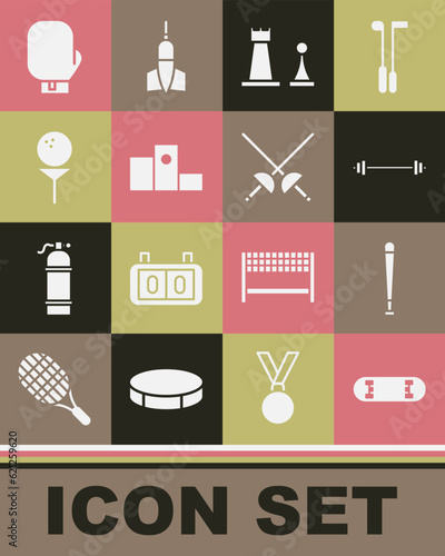 Set Skateboard trick, Baseball bat, Barbell, Chess, Award over sports winner podium, Golf on tee, Boxing glove and Fencing icon. Vector