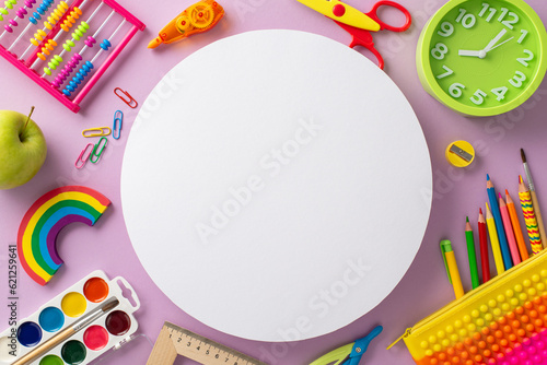 Step into the new school year with this captivating top-view image featuring clock  abacus  paints and variety of colorful school supplies on violet backdrop. Customize empty circle with text or ads