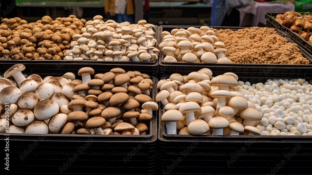 fresh mushrooms grow in the forest, mushrooms lie on store shelves