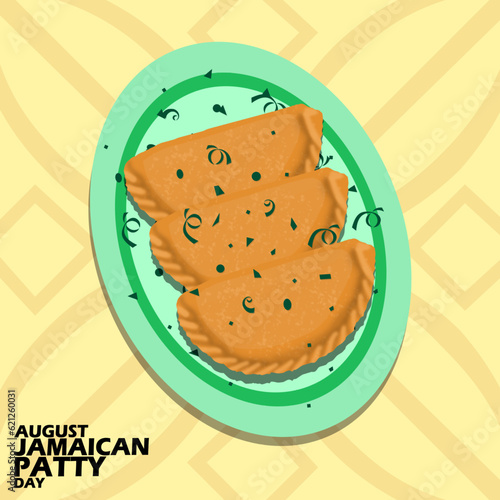 A delicious snack called the Jamaican Patty served on oval plate on light yellow background to celebrate National Jamaican Patty Day on August