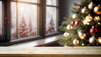 Table space in front of defocused window sill with christmas tree