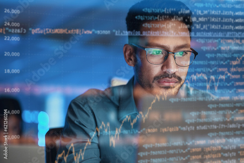 Computer, coding hologram and business man in data analysis, code html or software overlay at night. Programmer or person in glasses or screen reflection, programming stats and cybersecurity research photo