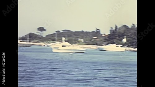 coast of the island of Sainte-Marguerite, off the Cannes city of France in 1960s in Cote Azur coast. archival super 8 video photo