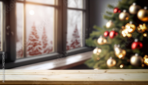 Fotografering Table space in front of defocused window sill with christmas tree
