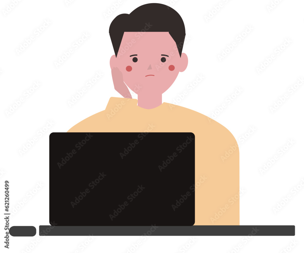 パソコン作業で困る男性。悩む。パソコンのトラブル。ベクターイラスト パソコン作業で困る男性。悩む。パソコンのトラブル。ベクターイラスト