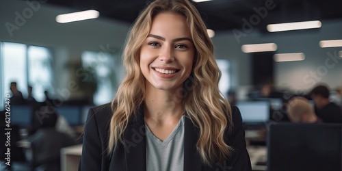 Generative AI. Close-up portrait of female office manager in the office. Portrait of smiling clerk. 