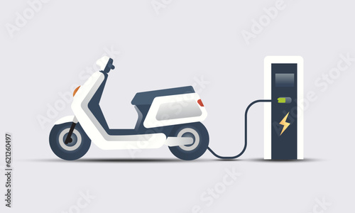 Electric motorcycle with a plug in cable at the charger station. Flat style vector illustration. Isolated on white background. photo