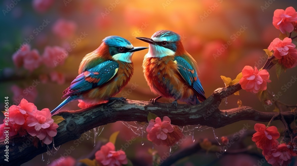 Two birds on a branch, Love concept, Generative AI