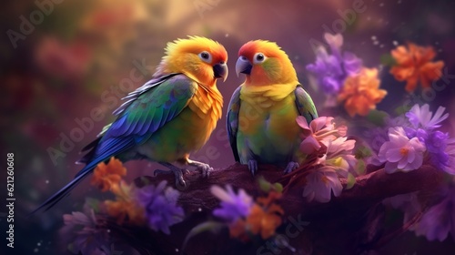 Two parrots on a branch, Love concept, Generative AI