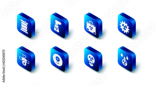 Set Nuclear power plant, Radiation nuclear suitcase, Radioactive, Acid rain and radioactive cloud, Light bulb with concept of idea, Industry pipe valve and waste barrel icon. Vector
