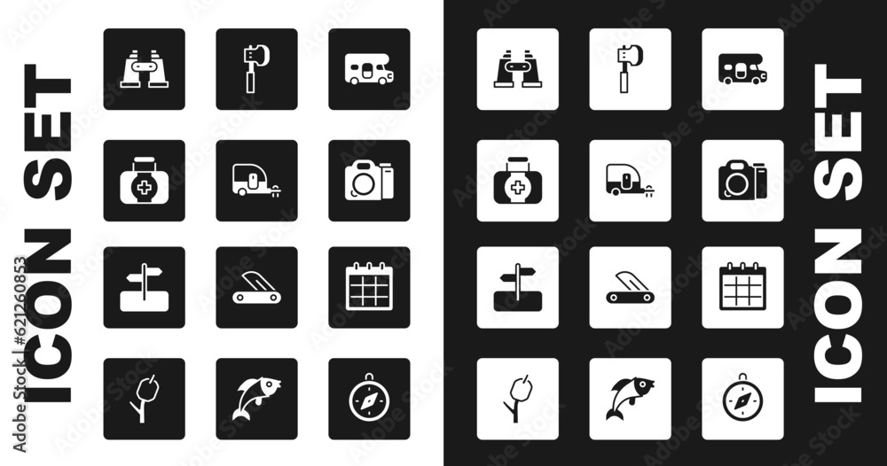 Set RV motorhome vehicle, Rv Camping trailer, First aid kit, Binoculars, Photo camera, Wooden axe, Calendar and Road traffic sign icon. Vector Set RV motorhome vehicle, Rv Camping trailer, First aid kit, Binoculars, Photo camera, Wooden axe, Calendar and Road traffic sign icon. Vector