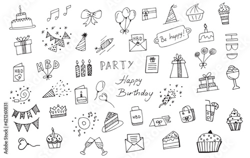 cake. sweets. a party. holiday. Birthday. fun. joy. happiness. gifts. balloons. decoration. surprise. goodies. bakery products. candles on the cake. EPS 10. on a white background. black color. doodle.