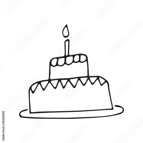 cake. sweets. a party. holiday. Birthday. fun. joy. happiness. gifts. balloons. decoration. surprise. goodies. bakery products. candles on the cake. EPS 10. on a white background. black color. doodle.