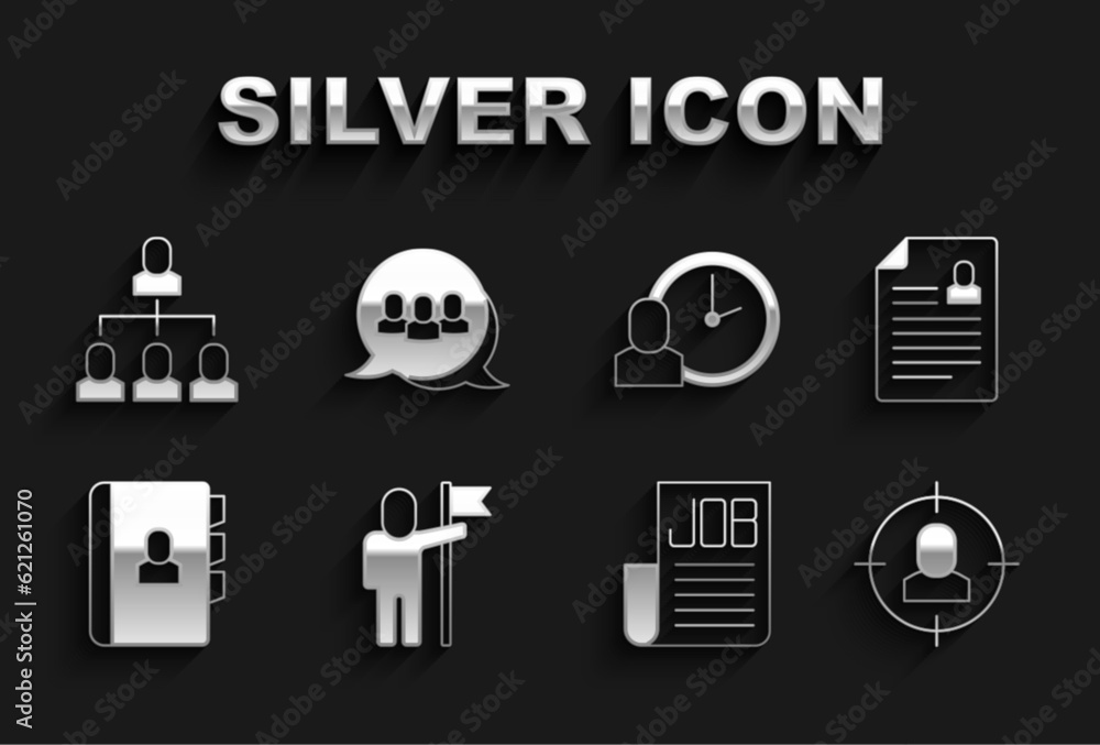 Set Man holding flag, Resume, Head hunting, Search job, Work time, Employee hierarchy and Project team base icon. Vector Set Man holding flag, Resume, Head hunting, Search job, Work time, Employee hierarchy and Project team base icon. Vector
