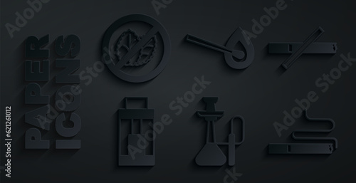 Set Hookah, No smoking, Vape mod device, Cigarette, Burning match with fire and tobacco leaf icon. Vector